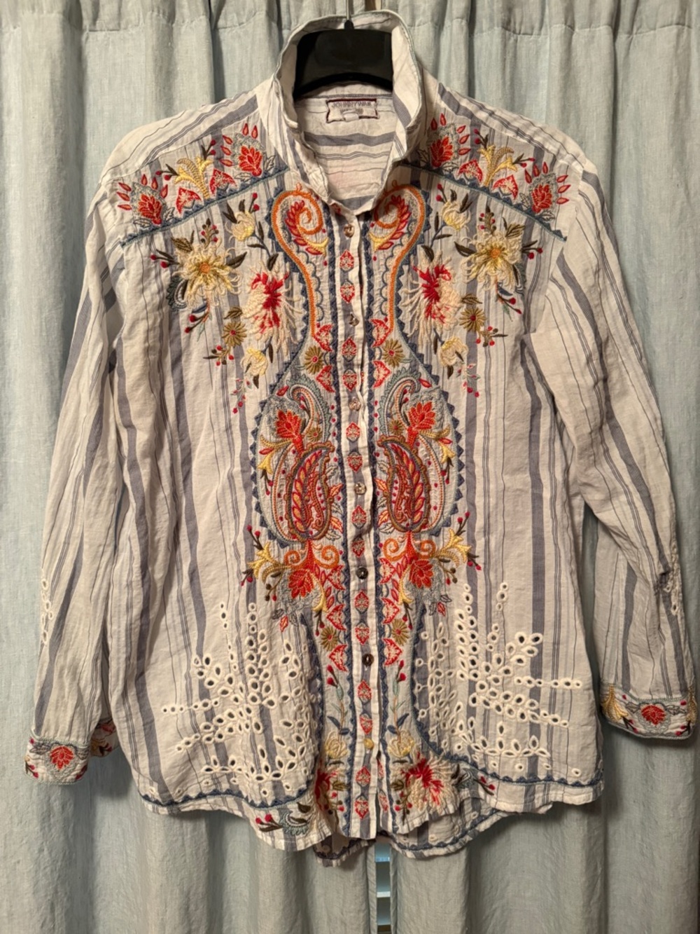 Johnny Was White Striped Shirt with Multicolor Floral Embroidery